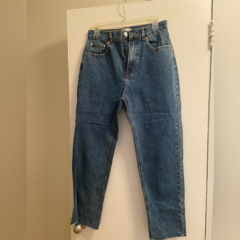 Dark wash, straight leg high rise denim